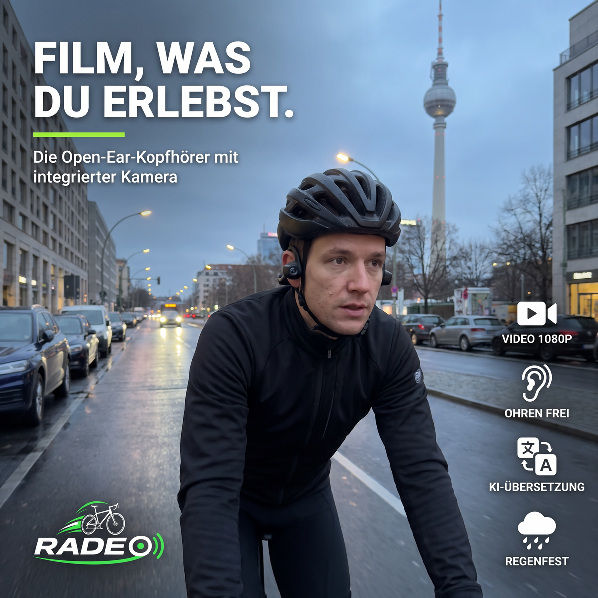 Ein Radfahrer in Berlin trägt die RADEO Kopfhörer mit integrierter Kamera