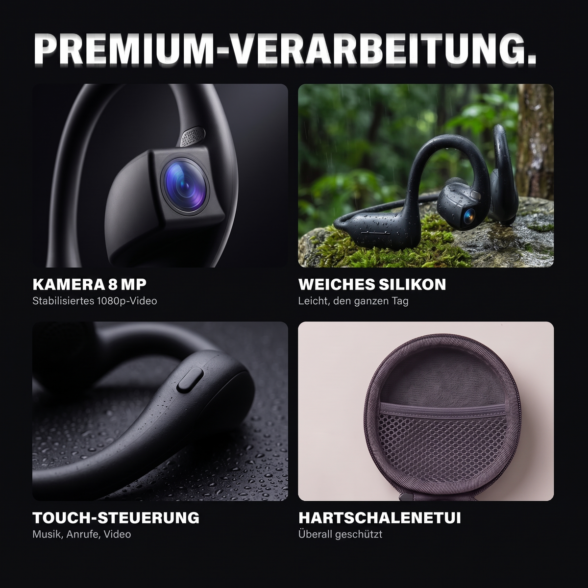 Die Verarbeitung der RADEO Kopfhörer: Kamera, Silikon, Steuerung und Etui